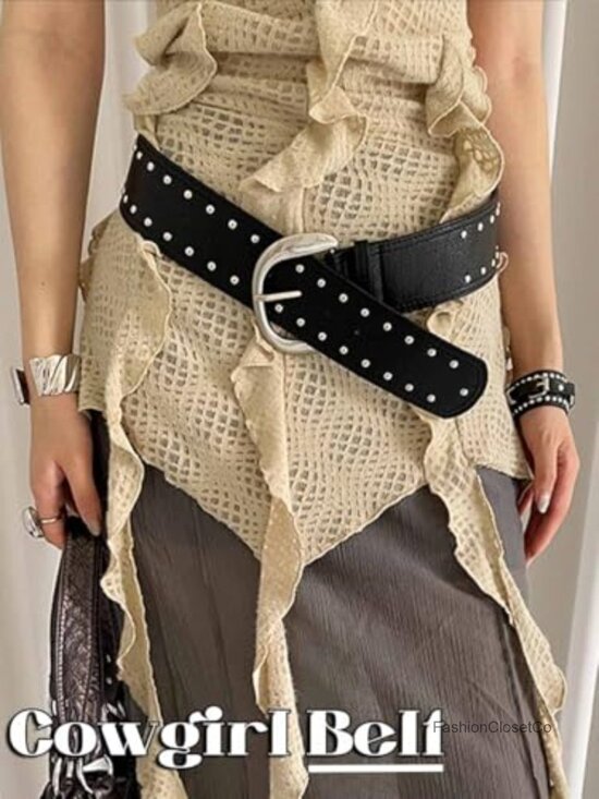 Wide Leather Belt with Rivet Studs for Dresses Punk Rock Cowgirl Chunky main image 6